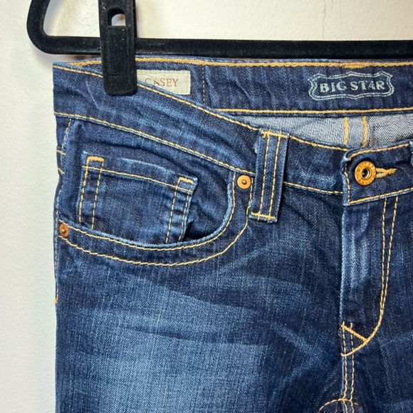 Big Star Casey Jeans Dark Blue Distressed Denim Ultra Low Rise Womens Sz 28 Long - Picture 4 of 16